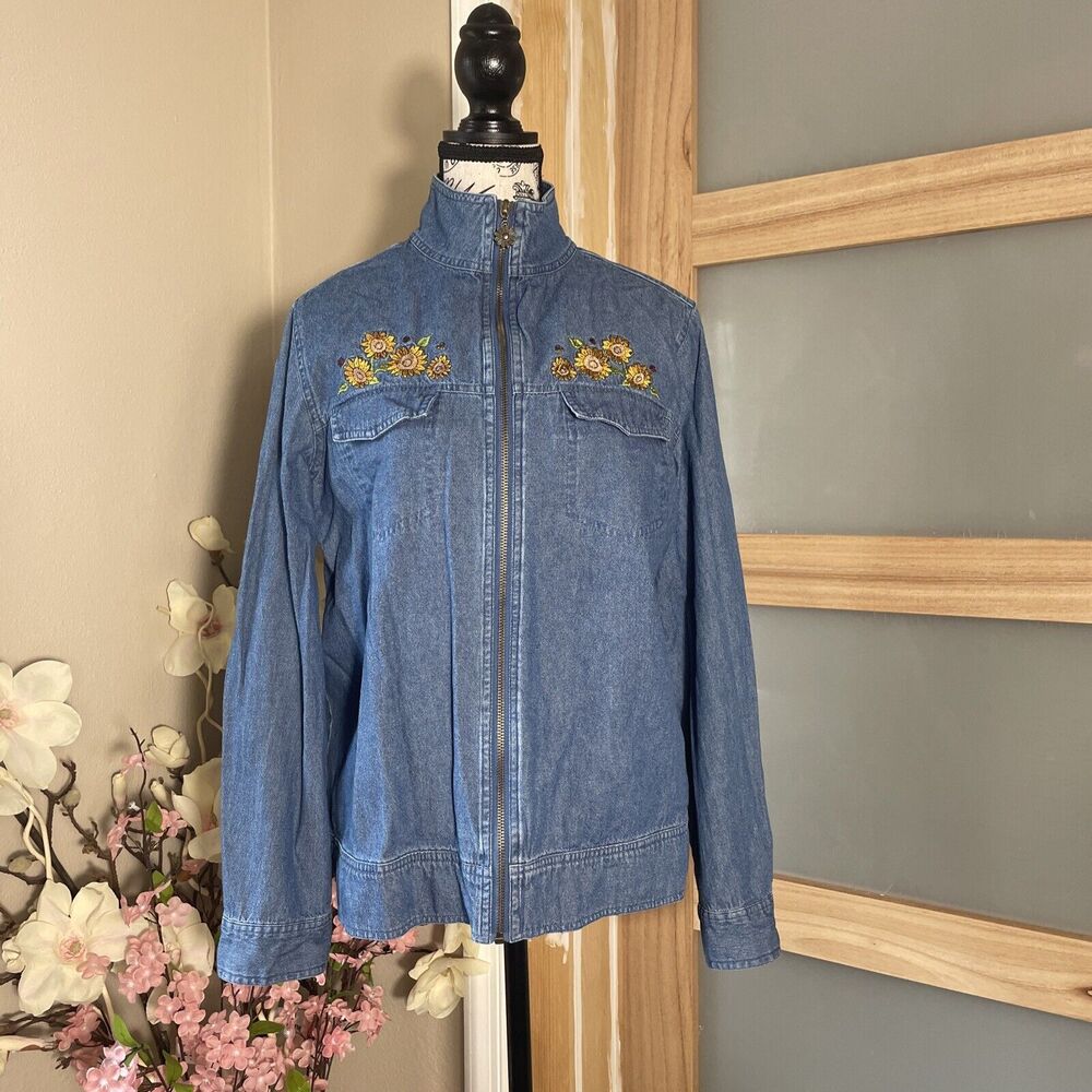 Embroidered Sunflower Denim Jacket Women's Medium Cotton Mock Neck Zip Up Spring